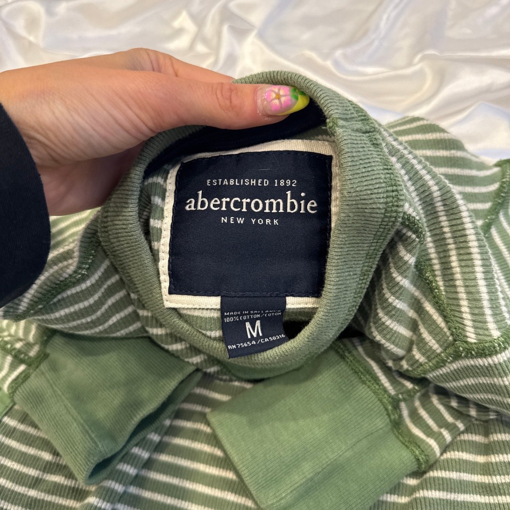 Abercrombie Green Striped Thermal Long Sleeve Waffle Knit Top Moose Logo Medium - Picture 4 of 4